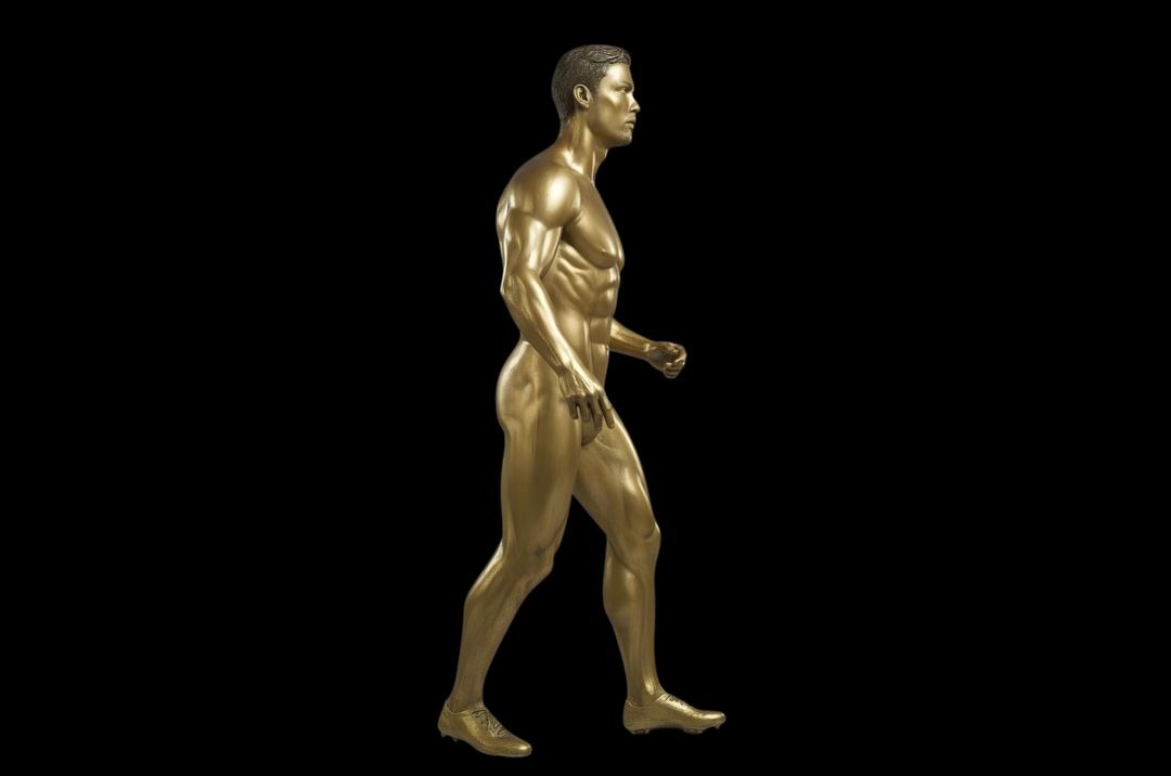 Gold statue of a walking figure on a black background Cristiano Ronaldo Golden Doll