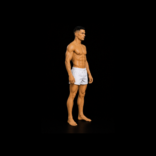 Muscular man in white shorts standing against a black background